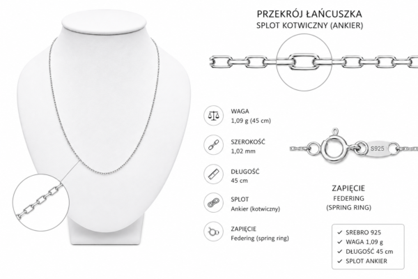 Ankier Grace srebrny łańcuszek ankier 45 cm wykonany ze srebra próby 925